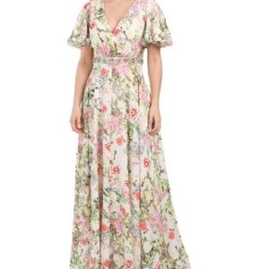 Mac Duggal Beaded-Waist Floral Print Ruffled Chiffon Flutter Sleeve Gown Size 14